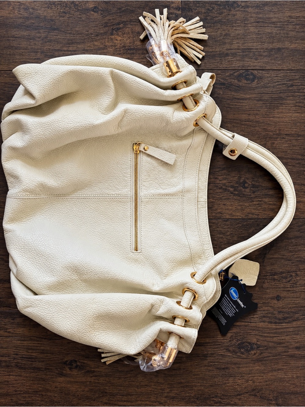 Soft Cream Pebbled Satchel with Tassel Accent